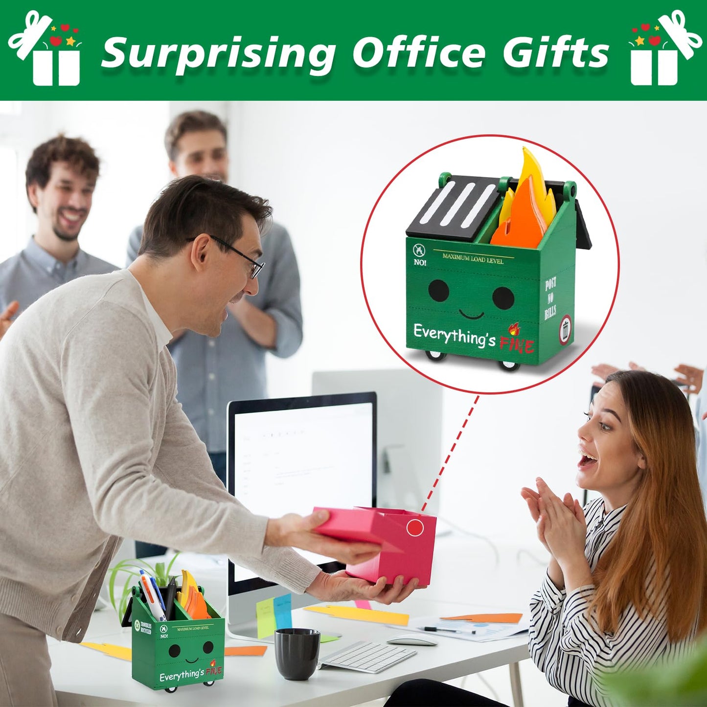 PUNICA Dumpster Fire Pencil Holder with 100 Pcs Flame Note Cards, Funny Office Desk Accessories Decor, Great Gifts for Coworkers Teacher - Green (Already Assembled)