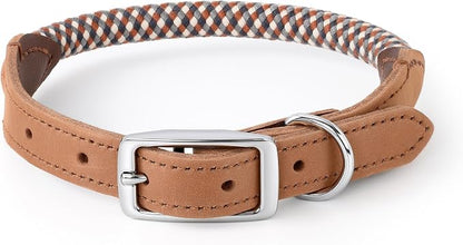 Mile High Life Genuine Leather Dog Collar, Durable Braided Cotton Rope Collar with Metal Pin Buckle for Small Medium Large Dogs (Brown Plaid, S Neck 11"-15")