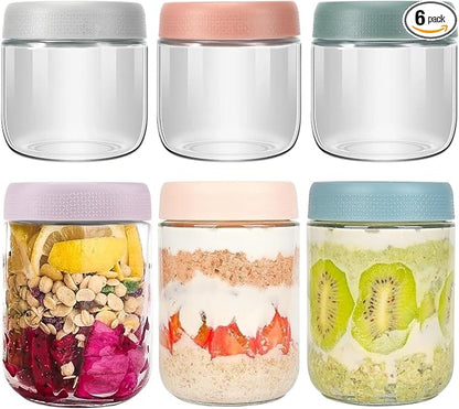 6 Pack Overnight Oats Containers with Screw Lid (3 × 10 oz, 3 × 16.7 oz) 2026 Upgraded High Borosilicate Glass Containers for Snacks Yogurt Spice Sugar, Wide Mouth Mason Salad Jars