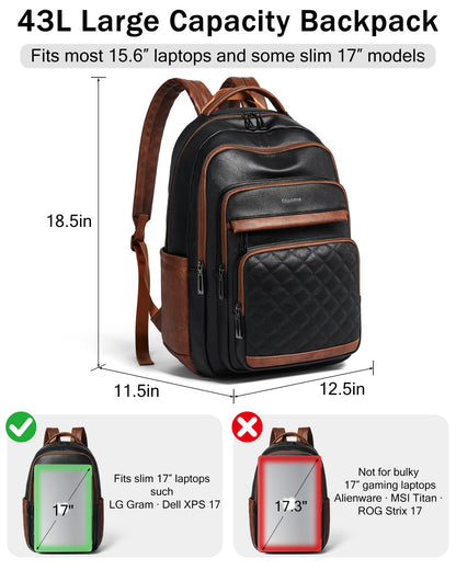 Bluome 43L Work Backpack for Women Men, Laptop Vegan Leather Backpack Purse with 15.6–17 Inch Laptop, Multi-Pocket Bookbag for Office Travel Gym Weekend Overnight Bag, Black&Brown
