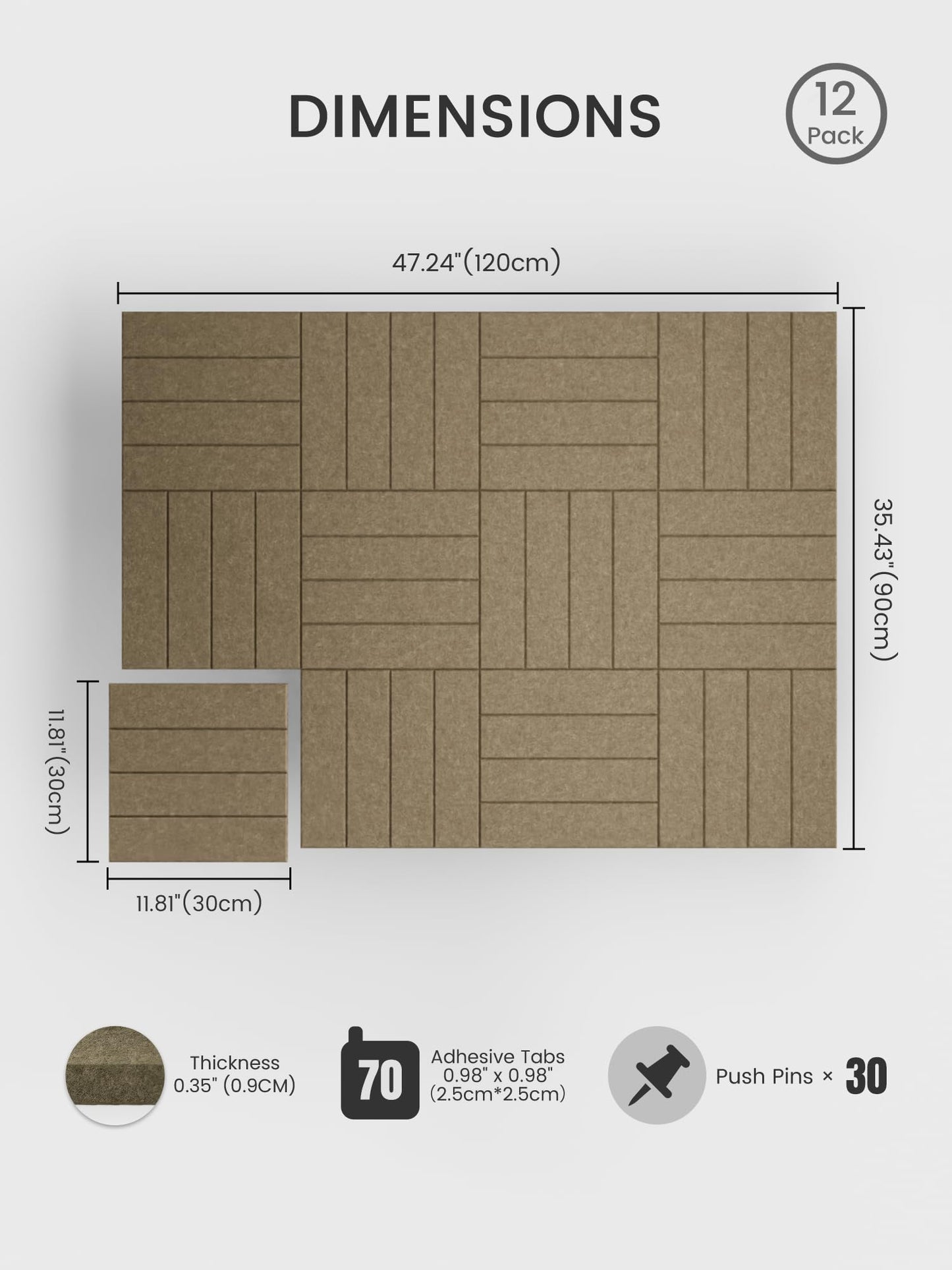 Bumusty Large Cork Board Alternative-48 x 36" Felt Bulletin Board Tiles, with 30 Pushpins, 70 Adhesive Tabs, Bold-Stripe 12-Pack, Cork Boards for Office Push Pin Board Felt Board-Earth Brown