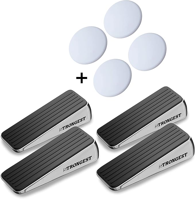 STRONGEST HOME Stoppers for Bottom of Door – Heavy Duty Metal Rubber Door Stopper, Non-Slip Door Stop for Heavy Doors, Works on Wood, Tile & Carpet Floors Wedge Chrome 4 PCs + 4 White Wall Protectors