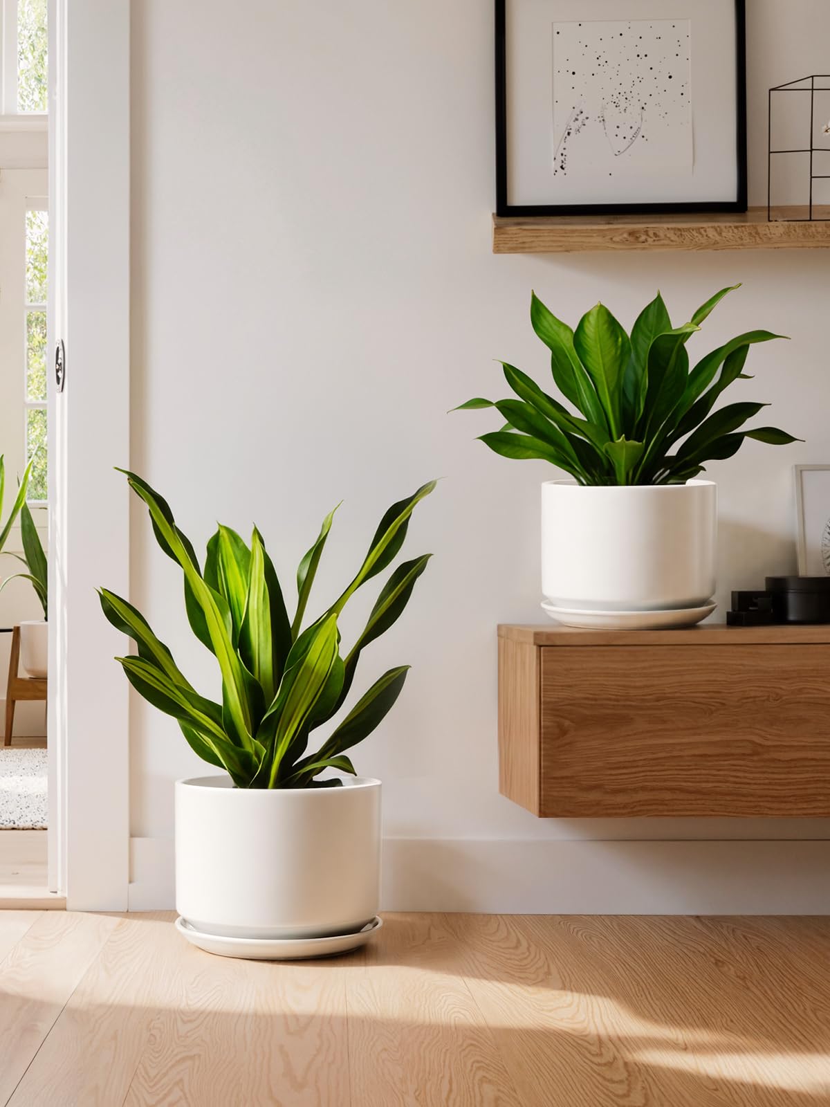 LE TAUCI Ceramic Pots for Plants, 10 Inch Plant Pot with Drainage Hole & Saucer, Sturdy & Modern Planters for Indoor Plants, Includes Mesh Screen, Fits Snake Plant & Monstera, White