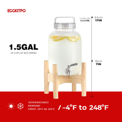 EGGKITPO 2 Pack 1.5 Gallon Drink Dispensers for Parties Hosting Wedding Beverage Dispenser with Wood Stand and Spigot, BPA-Free Polycarbonate Lemonade Container for Halloween Home Buffet Iced Tea