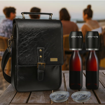 2 Bottle Insulated Wine Tote Bag with Tumblers, Leather Carrier Purse with Dividers, Leakproof Cooler, Adjustable Shoulder Strap & Pockets, Travel, Picnic, Beach, Hiking, Gift for Men & Women