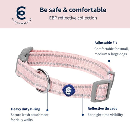 Blueberry Pet Essentials Matching Dog Collar & Leash Set | Pastel Reflective Adjustable Collar with 4 ft Lead for Large Dogs, Baby Pink
