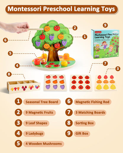 WoodsyJoy Montessori Toys for Toddlers 3-5, Wooden Sorting & Sensory Toy, Fine Motor Skills Learning Toy with Magnetic Apple Tree, Counting Ladybugs, Preschool Educational Toys for Kids