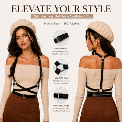 Gothic Leather Waist Harness Belt for Women - Adjustable Chest Vest Body Harness Chains Top for Party, Nightclub, Dating (black)