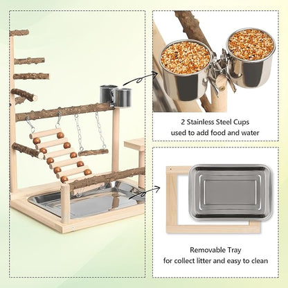 Wood Pet Parrot Playground Bird Play Stand Toys Perch with Feeder Cups for Cockatiel Parakeet Lovebirds Conure (Natural)