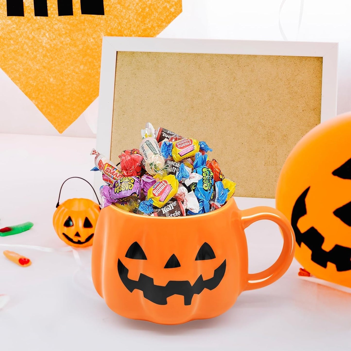 Peclek 12 oz Halloween Pumpkin Mug, Ceramic Cute Pumpkin Coffee Cup, Black Face