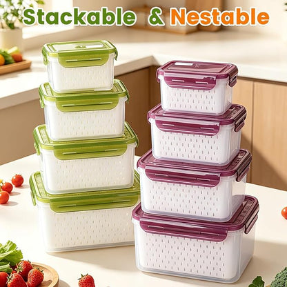 TBMax 8 Pieces Airtight Fruit Storage Containers for Fridge with Air Circulation Vent, 4 Pack Produce Saver with Colander for Berry Lettuce Salad Vegetable Storage, Refrigerator Organizers -Purple
