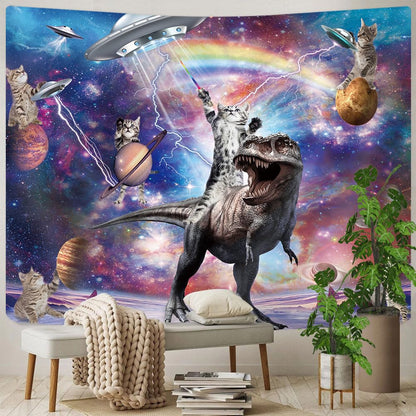 Funny Cat Tapestry, Cool Cat Riding Dinosaur on Fantasy Universe Galaxy Space UFO Tapestries for Boys Kids, Hilarious Animals Anime Cool Tapestry Wall Hanging 60X40 Inches for Bedroom Living Room Dorm Room