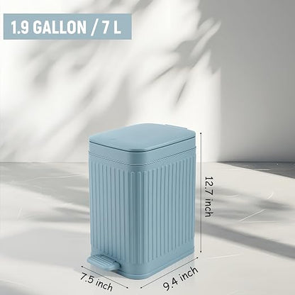 rejomiik Small Bathroom Trash Can with Lid Slim Soft Close Garbage Can Step Wastebasket Container Trash Bin for Office Bedroom Kitchen Living Room 1.9 Gallon, Light Blue