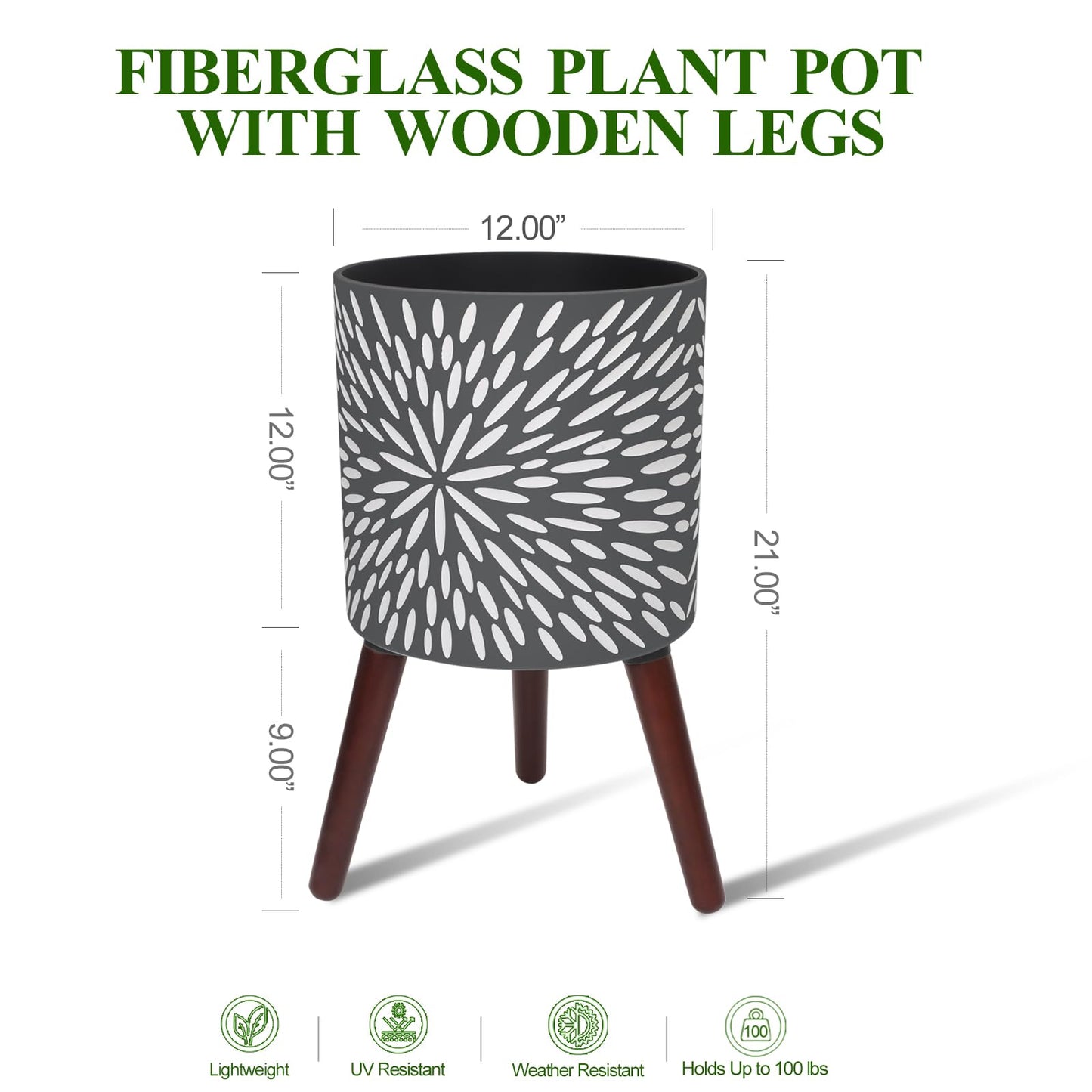 Opnons 12 Inches Plant Pot with Stand, Large Modern Standing Planters for Indoor Plants with Drainage Holes, Gray Flower Pots with Legs