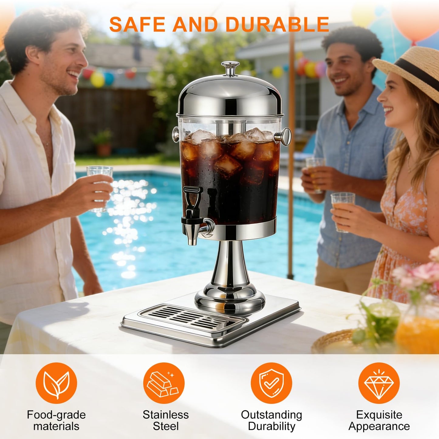 Mofund 2.2 Gallon Iced Beverage Drink Dispenser, Stainless Steel Water Jar with Stand, Iced Beverage Drink Dispenser for Parties, Commercial Hot Cold Juice, Hot & Cold Drinks