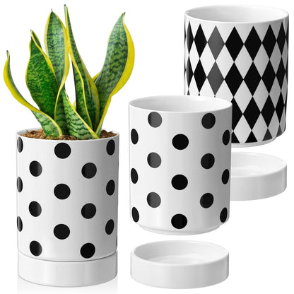 Ferrochef Ceramic Plant Pots Set of 2, 6 Inch Flower Pots with Drainage Hole Modern Polka Dot Diamond Planter for Indoor Outdoor, Black and White
