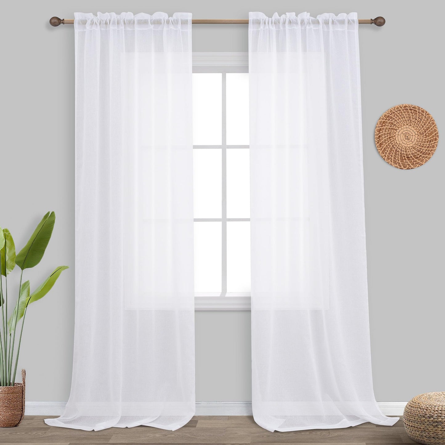 KOUFALL 108 Inch Long White Sheer Curtains,Rod Pocket Linen Look 9 FT High Ceiling Large Window Curtain Drapes 108 Inches Long 2 Panels