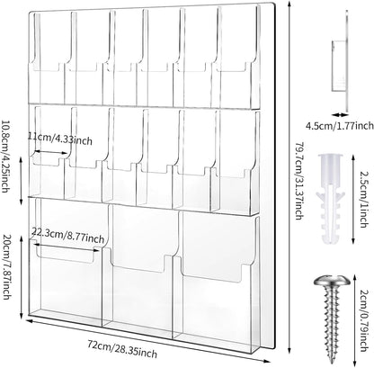 Weysat Acrylic Brochure Holder Wall Mount, Clear Plastic Pamphlet Holder Magazine Display Trifold Flyer Rack Hanging Literature Storage Organizer(3 Magazine Pockets, 12 Pamphlet Pockets)