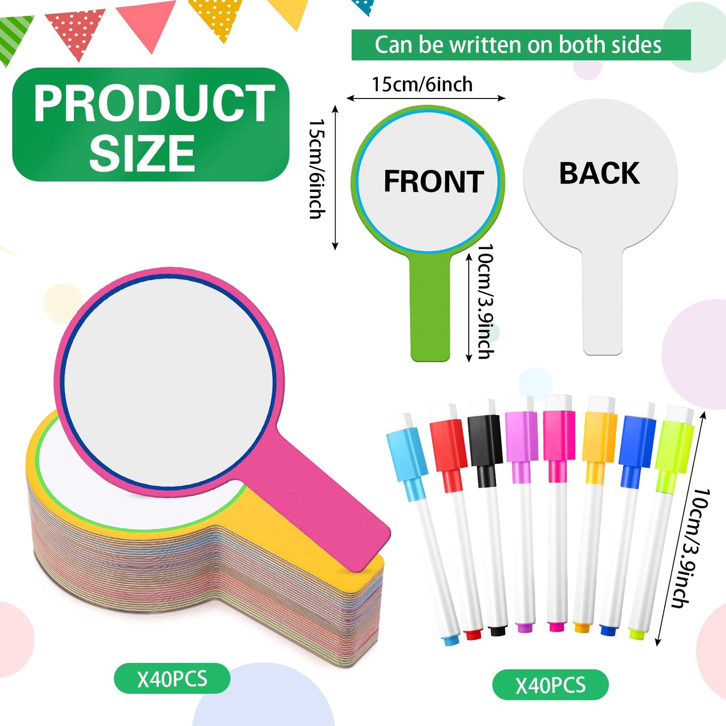 Crtiin 80 Pcs Colorful Dry Erase Paddles Set Include 40 Dry Erase Paddles with 40 Markers Double Sided Handheld Whiteboard for Answer Numbers Voting Blank Fans(Round)