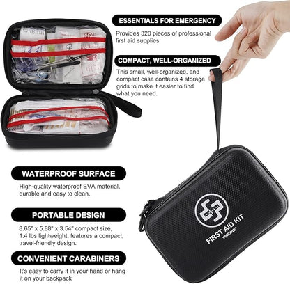 VRIEXSD Premium First Aid Kit, 320 Piece Waterproof Hard Shell Eva First Aid Kit for Home, Camping, Cars, Hiking, Travel, Businesses & Outdoor Emergencies - Emergency Medical Kits (Black)