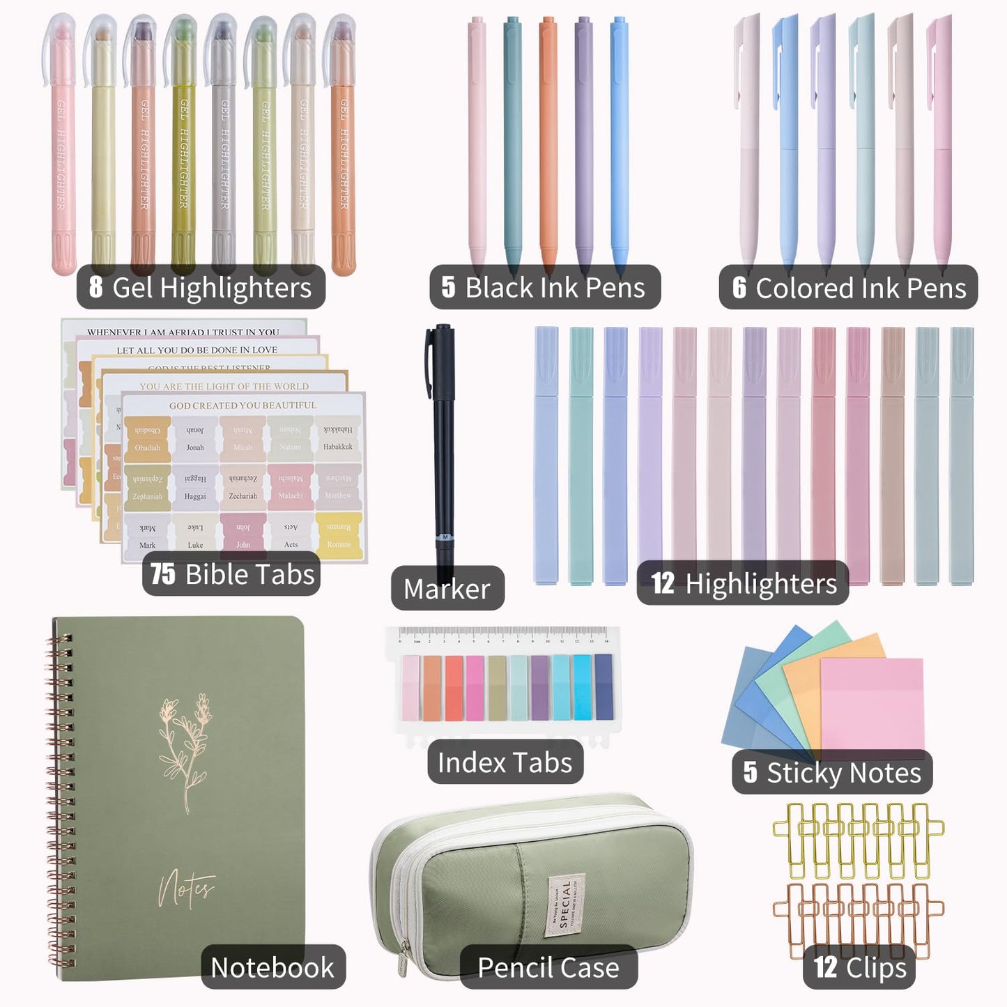 KOPKOFT Bible Study Supplies, Bible Journaling Kit for Women with Journal, Pen Case, Tabs, Highlighters and Pens, Bible Accessories Set for Women Students Beginner, Christian Gifts (Green)