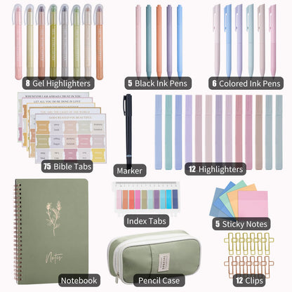 KOPKOFT Bible Study Supplies, Bible Journaling Kit for Women with Journal, Pen Case, Tabs, Highlighters and Pens, Bible Accessories Set for Women Students Beginner, Christian Gifts (Green)