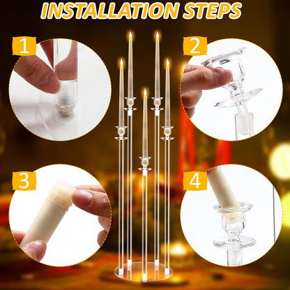 Barydat 4 Set 5 Arms Acrylic Candelabra Centerpieces for Wedding, Clear Candlesticks Holders with 20 LED Candles 2 Remote Timer 22 Rubber Candle Rings for Halloween Christmas Party Dinner Decoration