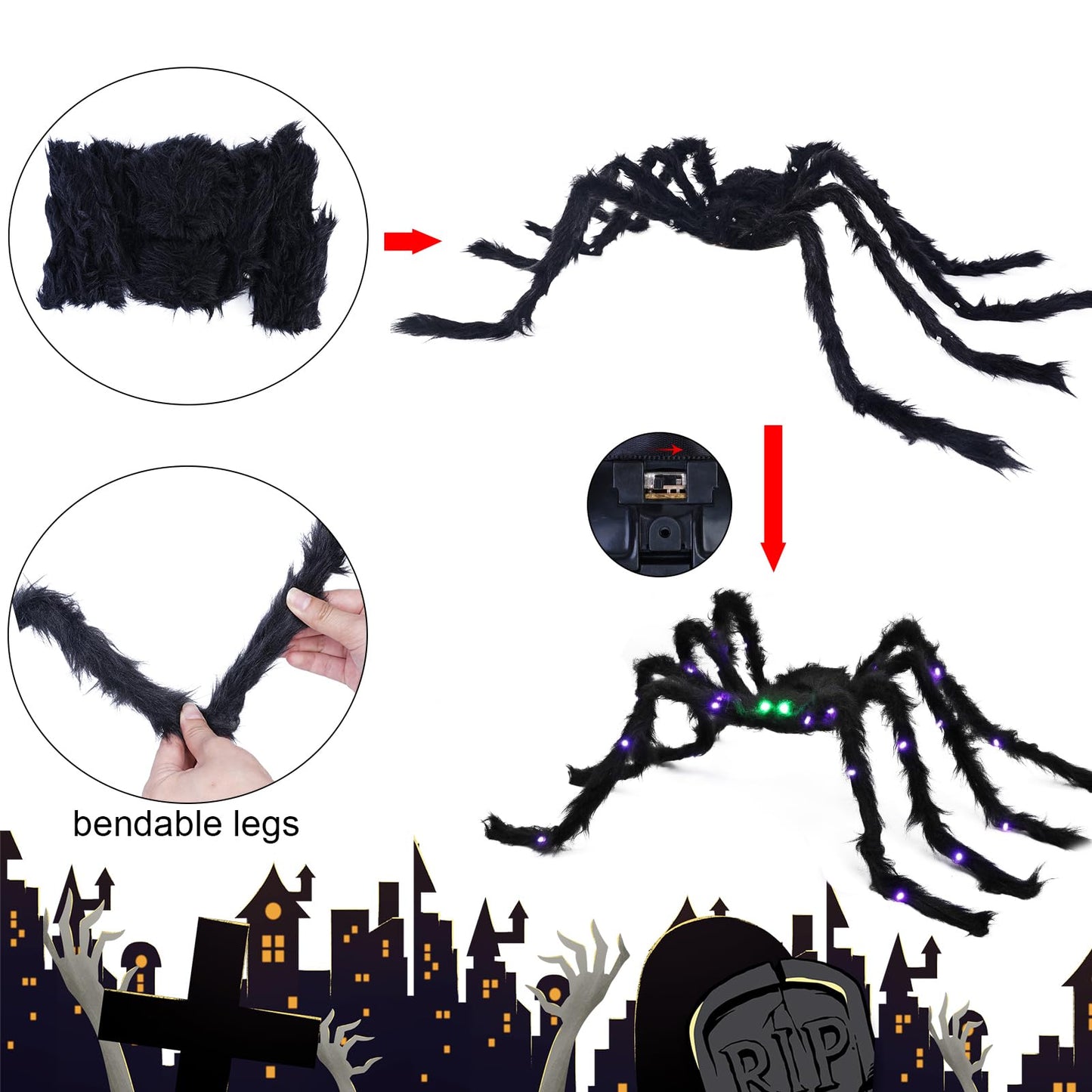 VOMAOK Halloween Spider Decorations 4ft Light Up Giant Spider(2 Pack) with Green Lighted Eyes for Indoor Outdoor Halloween Decorations Yard Party House Décor