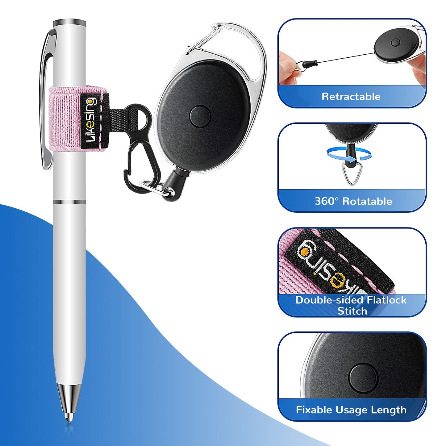 Likesing 4 Retractable Pencil Holder Set, 27.5" Anti-Lost Retractable Pen Holder with Clip, Elastic Reel Pen Leash for Nurses, Teachers, Waitres, Carpenters, Construction Workers(Black)