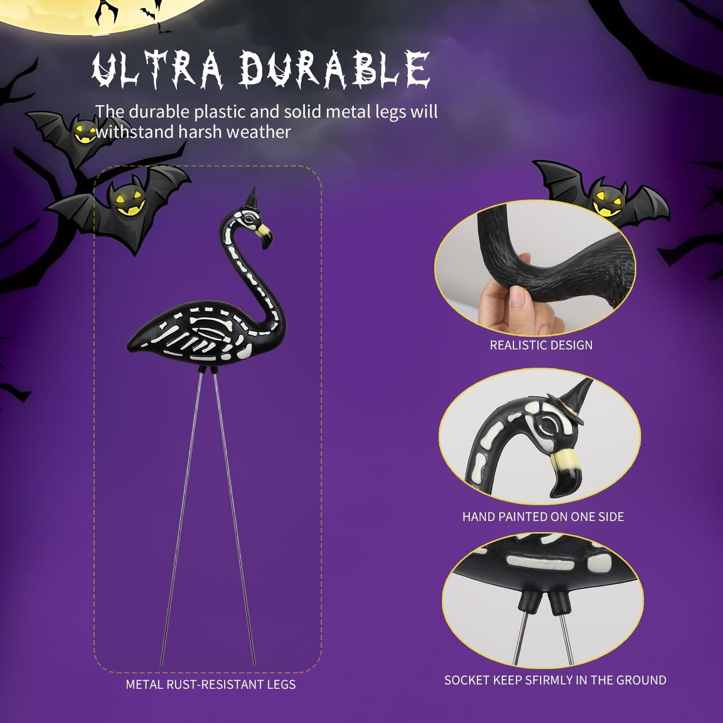 TitTees Halloween Decorations 2 Pack Black Flamingo Skeleton, Zombie Flamingos for Spooky Graveyard Decor, Skull Flamingo with Stakes for Halloween Lawn Ornaments