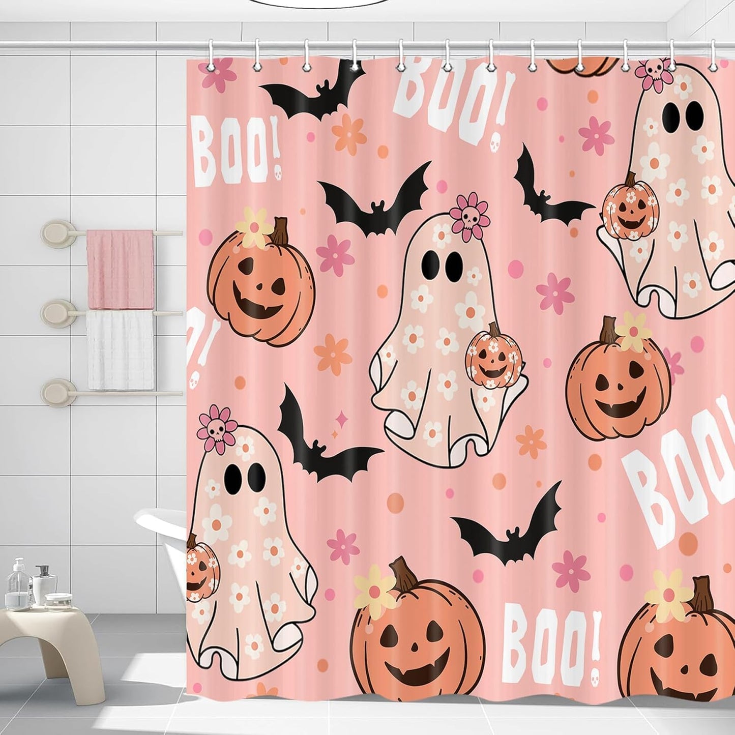 Xiaoput Pink Halloween Shower Curtain, Cute Ghost Pumpkin Black Bat Boo Shower Curtains for Bathroom Decor, Funny Cartoon Spooky Halloween Fabric Bath Curtain Set with Hooks, 70X72IN