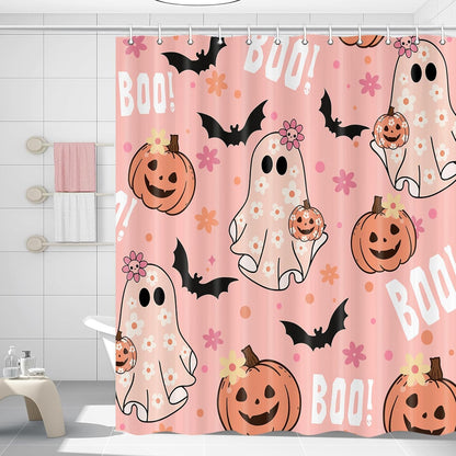 Xiaoput Pink Halloween Shower Curtain, Cute Ghost Pumpkin Black Bat Boo Shower Curtains for Bathroom Decor, Funny Cartoon Spooky Halloween Fabric Bath Curtain Set with Hooks, 70X72IN