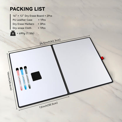 iNenya Double-Sided White Board 16×12inch - Expands to 24“×16” Dry Erase Board with 3 Markers & Anti-Ghosting Surface | Magnetic-Ready | Ultra-Thin for Office,School,Travel,Home(16"×12"-Black)