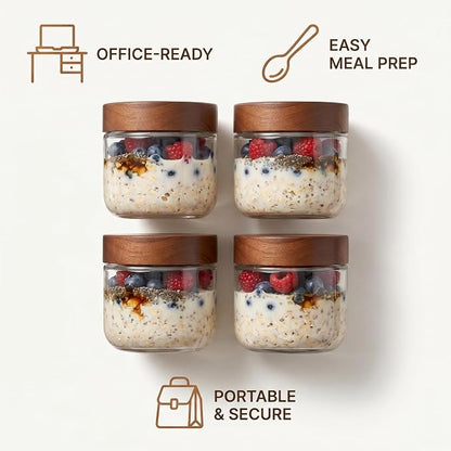 Danmu 8 oz Overnight Oats Containers with Lids,Glass Jars with Lids 6 Pack | Wooden Lid,Meal Prep,Yogurt,Leftovers,Leak-proof,Dishwasher Safe(remove lids),Fridge Safe,Portable,Stackable