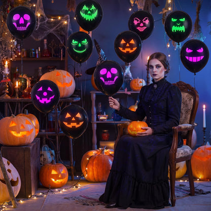 Kasyat 50 Pcs Halloween Neon Glow Ghost Balloons 12 Inches Black Light Reactive Fluorescent Latex Balloons Fluorescent for Halloween Funny Party Decoration
