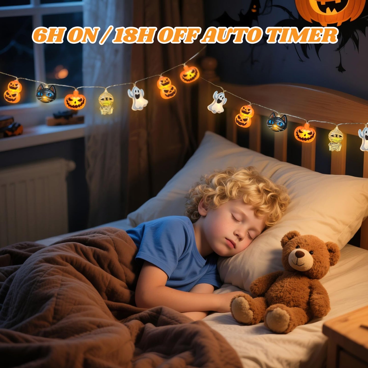 shuangjishan Halloween String Lights Indoor: 9.84 FT 20 LED Battery Operated Pumpkin Ghost Cat Lighted Decorations – 8 Modes Waterproof Timer for Window Porch House Room Bedroom Party Decor
