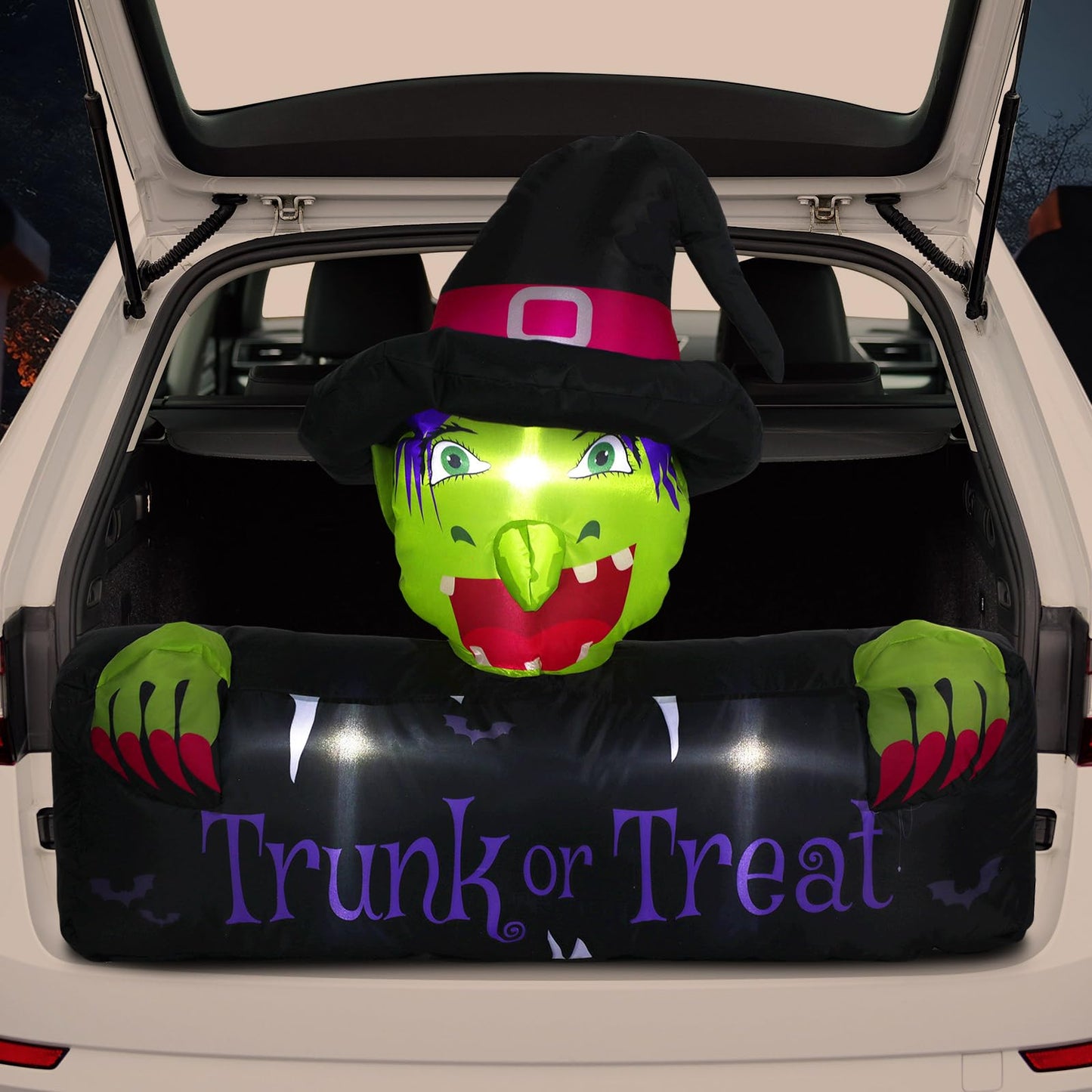 Colingmill 4.3ft Halloween Trunk or Treat Car Decoration Inflatable with Built-in LED Blow up Halloween Inflatable Witch Cat Pumpkin Outdoor Decor for SUV Yard Holiday Party Decor(Witch)