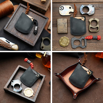 Viperade PJ27 Leather Sheath for EDC Knuckle, Coins, Lighter, Car Key, Carabiner, Mini EDC Gears (Black)