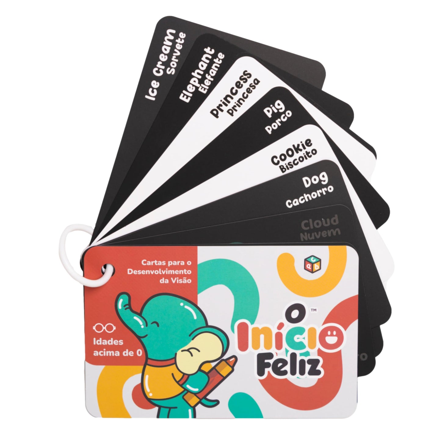 Happy Start High Contrast Baby Cards for Newborns - Black & White Cards, Water-Resistant, BPA-Free, Portable Educational Flashcards for Visual Stimulation, Award-Winning, Ages 0+(English & Portuguese)