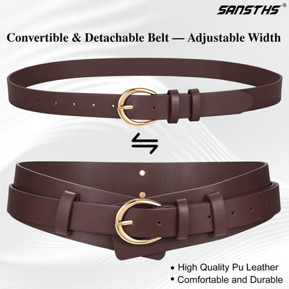 SANSTHS Belt for Women 2-in-1 Waistband for Dress Coats Pants, Women Wide Leather Belt with Fashion Buckle, Coffee S