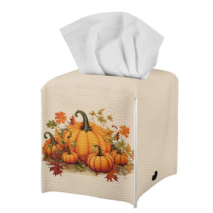 NETILGEN Tissue Box Cover Decorative Holder PU Leather Square Tissue Case Dispenser for End Table, Office Desk, Nightstand, Home Autumn Decoration, Pumpkin Fallen Leaf