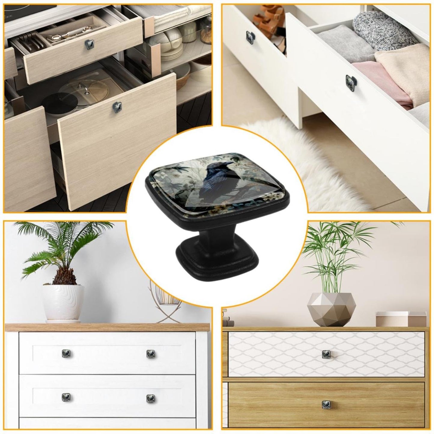 Anna Cowper 4 Pack Kitchen Cabinet Knobs Forest Raven, Black Drawer Knobs Square Knobs for Cabinets and Drawers Single Hole Cabinet Hardware Cupboard Dresser Knobs