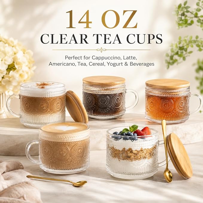 Semderm Vintage Glass Coffee Mugs Set of 4, Overnight Oats Containers with Bamboo Lids and Spoons - 14oz Clear Tea Cups for Cappuccino Latte Americano Cereal Yogurt Beverage
