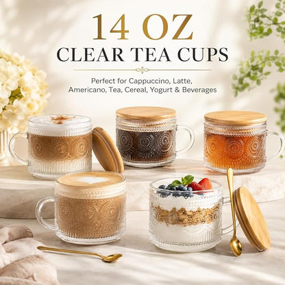 Semderm Vintage Glass Coffee Mugs Set of 4, Overnight Oats Containers with Bamboo Lids and Spoons - 14oz Clear Tea Cups for Cappuccino Latte Americano Cereal Yogurt Beverage
