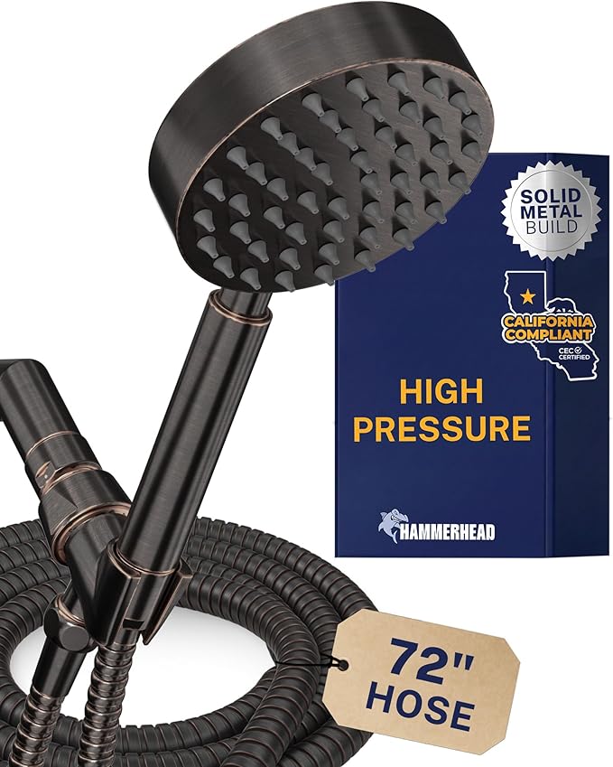 HammerHead Showers® Solid Metal LOW FLOW Handheld Shower Head with Hose and Brass Holder - OIL RUBBED BRONZE – Water Saving 1.75 GPM Detachable Shower Head - Adjustable Shower Wand Bracket & 6ft Hose