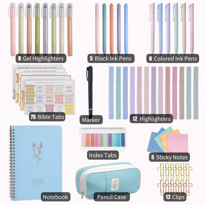 KOPKOFT Bible Study Supplies, Bible Journaling Kit for Women with Journal, Pen Case, Tabs, Highlighters and Pens, Bible Accessories Set for Women Students Beginner, Christian Gifts (Blue)