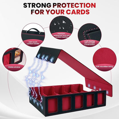 Red Trading Card Storage Box with Handle,5-Row Portable Game Case for 4000+ Cards, Leather Card Collection Case with Commander Display Window for MTG, Yugioh, and Sports Cards,Gifts for Card Collector