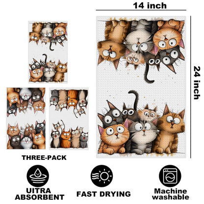 3 Pcs Cute Cat Kitchen Towels, Cats Soft Absorbent Hand Tea Towel, Microfiber Dish Cloths for Drying Dishes, Waffle Dish Towels for Kitchen Home Bathroom Decor, Cat Lover Gifts for Women Mom