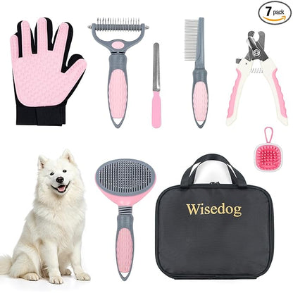 Wisedog Dog Grooming Kit 7PCS - Cat Nail Clipper with Nail File, Dematting Comb for Dogs, Flea Comb, Bath Brush, Hair Removal Mitts (Upgraded Pink)