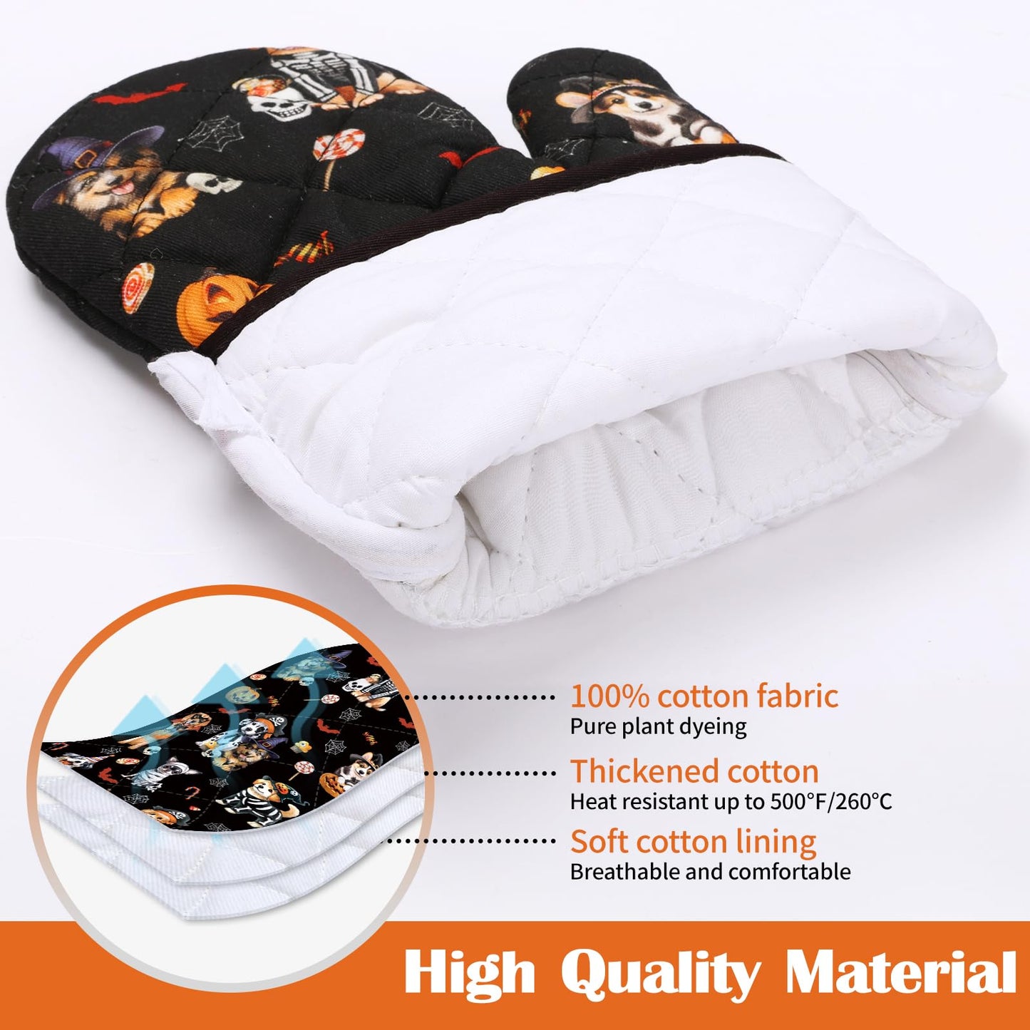Arquiel Halloween Dog Oven Mitts and Pot Holders Sets 4Pcs, 100% Cotton Heat Resistant, Extra Long Oven Gloves Potholder for Kitchen Cooking Baking Decoration